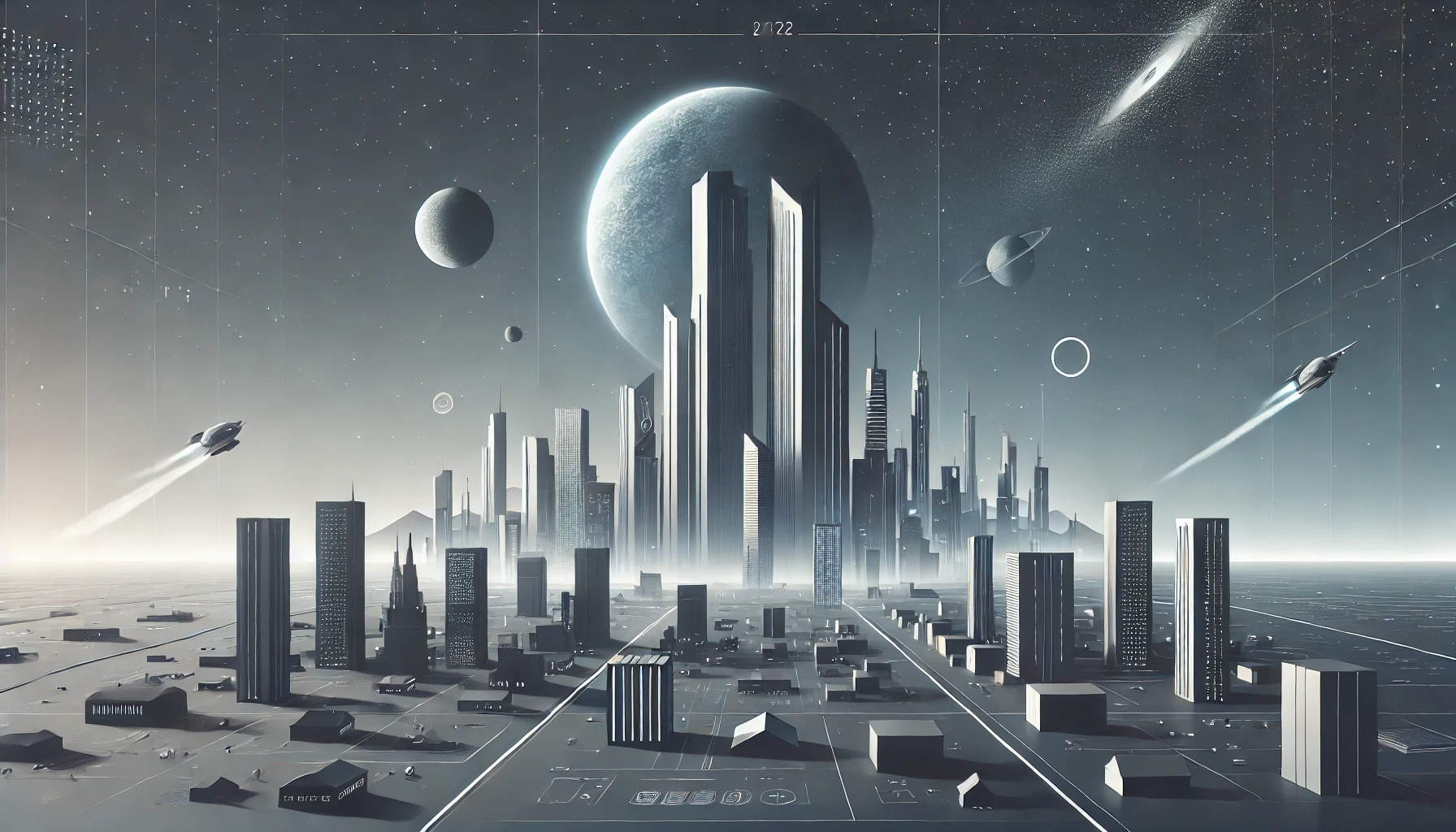 DALL·E 2024 07 14 23.26.48   A minimalist sci fi scene featuring a futuristic cityscape with sleek, towering buildings and advanced technology. The background showcases a deep spa